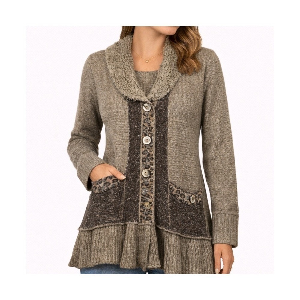Nicole Alexander Wool Blend Long Cardigan Sweater FauxFur Collar Leopard Brown M